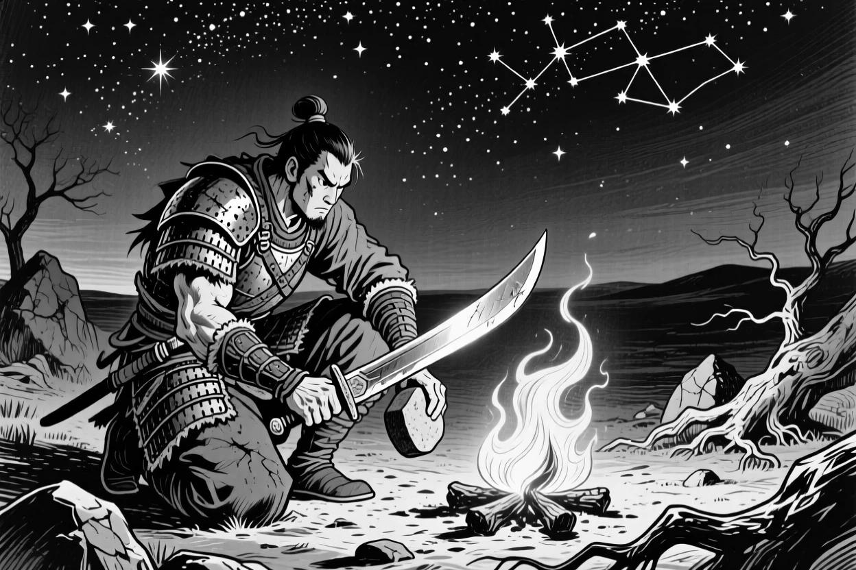 A warrior sharpening a sword beside a campfire under a starlit sky.