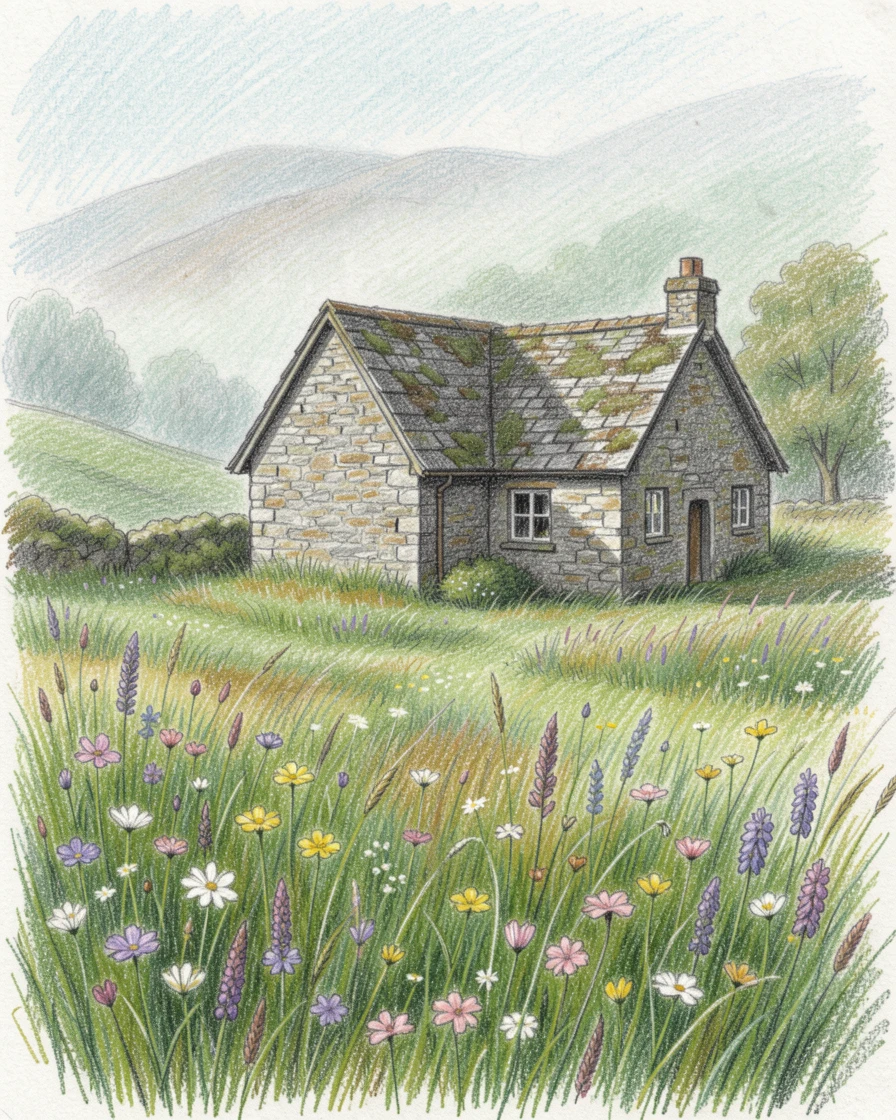 A misty highland glen with a single stone cottage in the distance, surrounded by wildflowers swaying gently in the wind, radiating calm, restorative serenity.