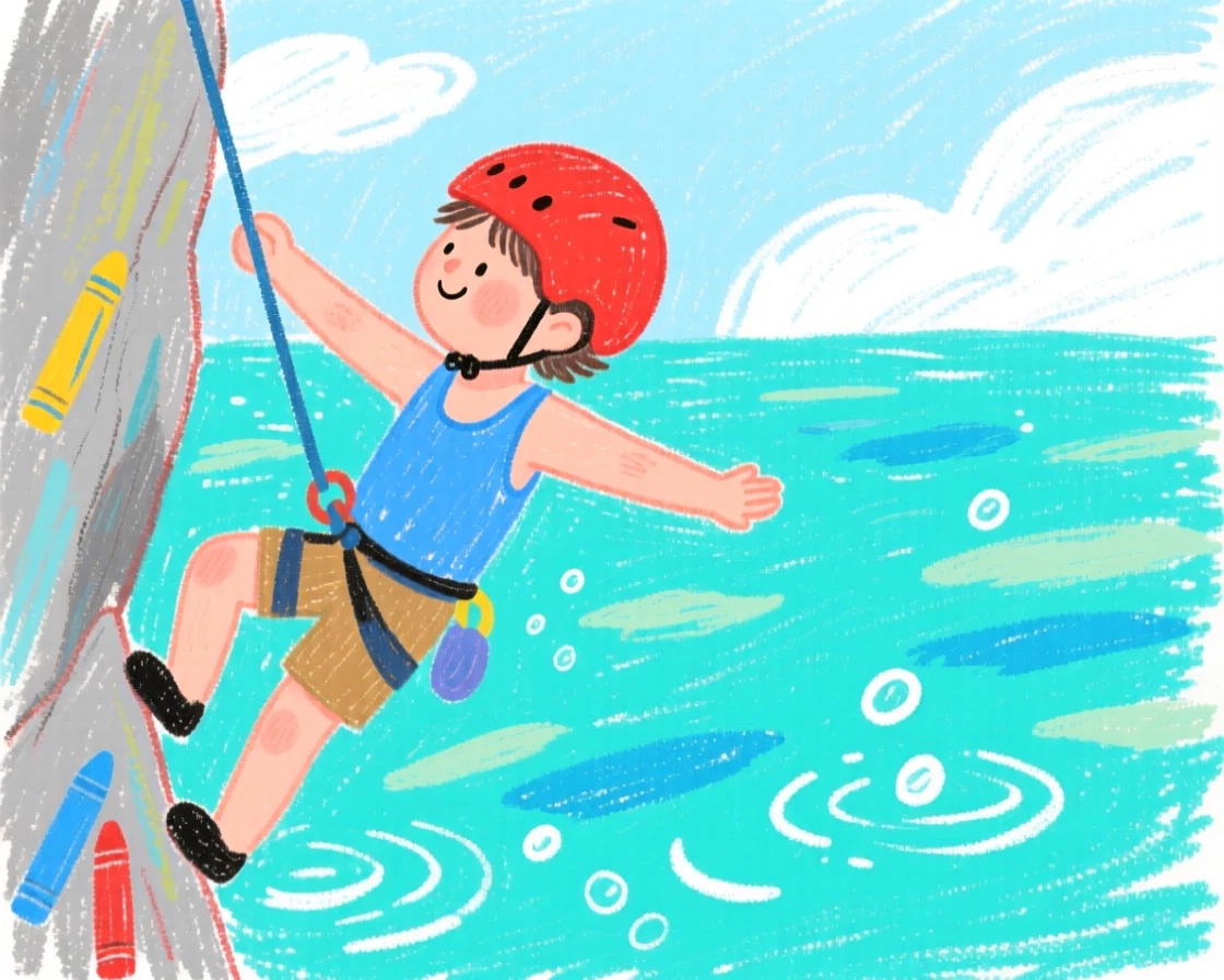 A rock climber gliding through calm turquoise water.