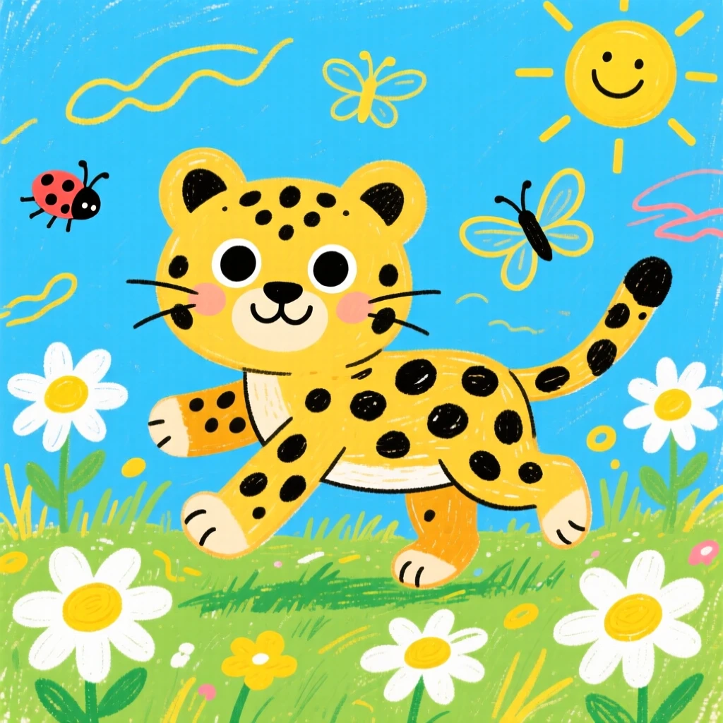 A spotted baby leopard hopping through a meadow of daisies.