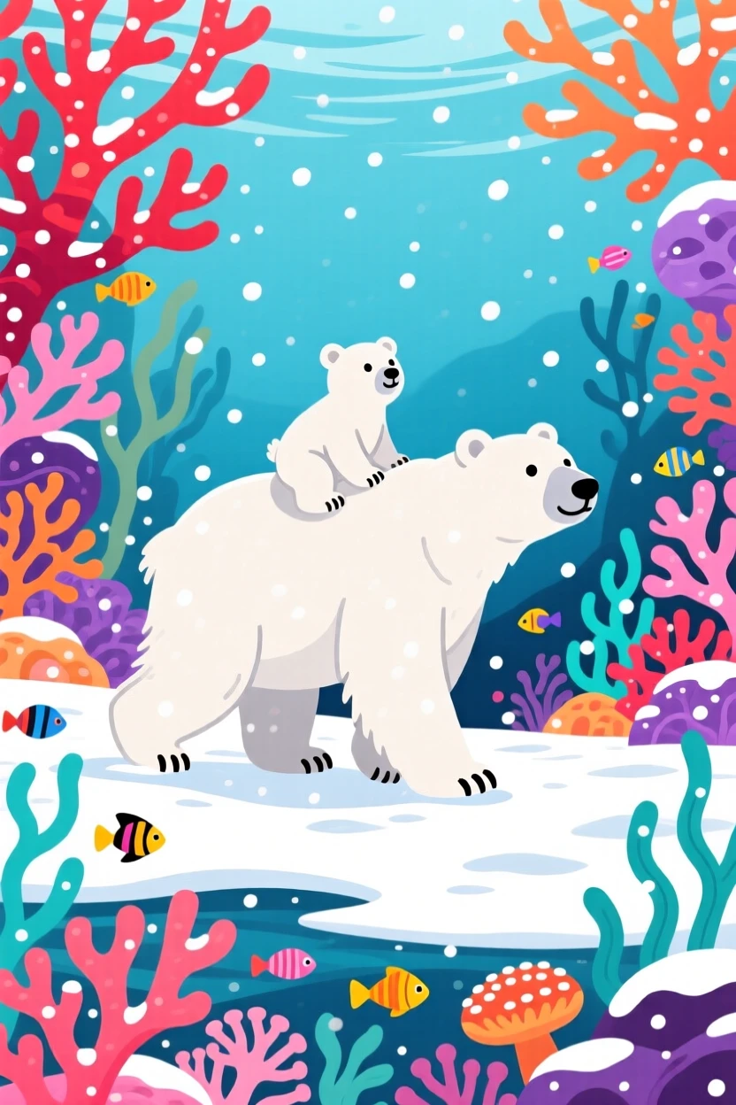 A polar bear cub riding on its mother's back through snow, framed by a vibrant coral reef teeming with color, positioned slightly off-center following the rule of thirds, with a sense of playful curiosity captured perfectly.