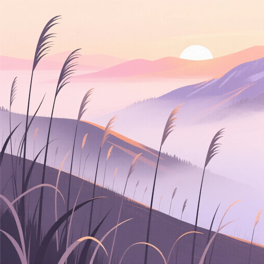A misty alpine ridge at sunrise with soft light filtering through the tall reeds.