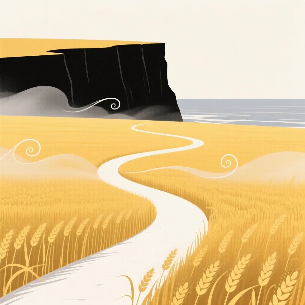 A winding path through a golden wheat field leading toward a sea cliff, with curling wisps of mist scattered along the way, radiating quiet solitude.