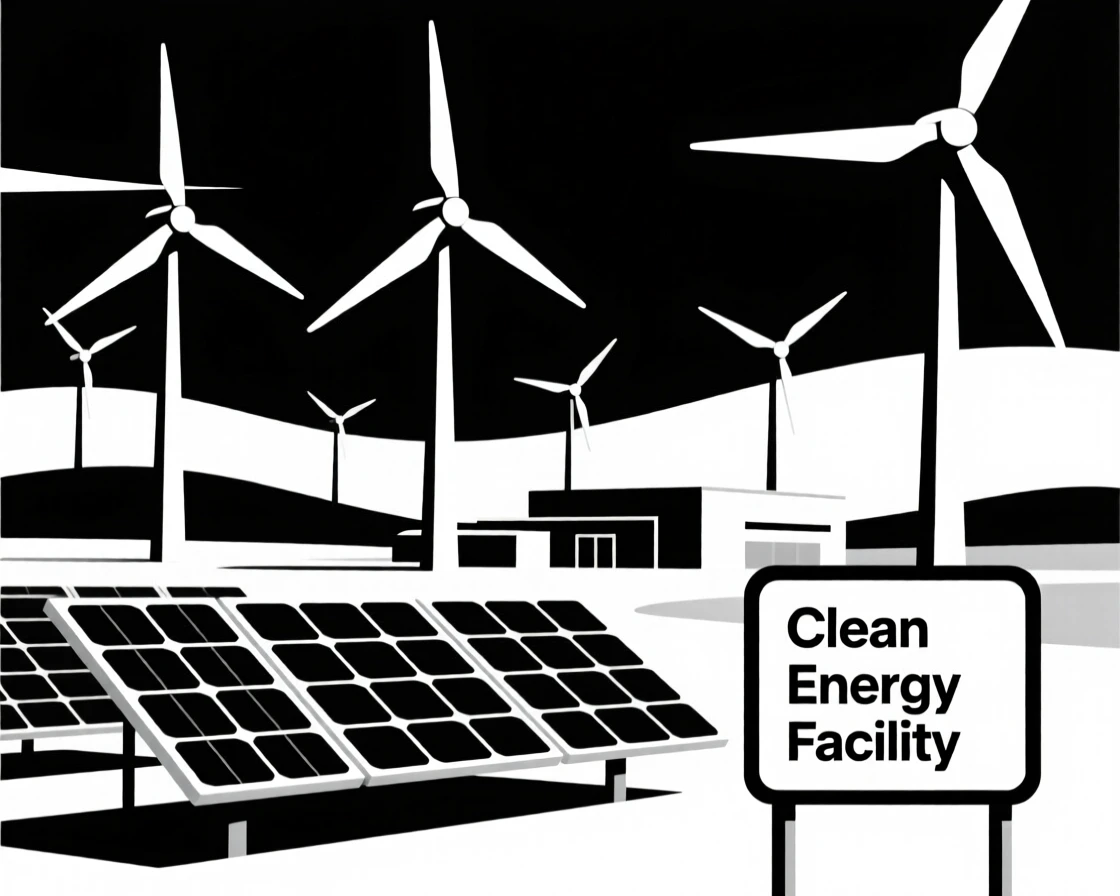 A clean energy facility with wind turbines and solar arrays.