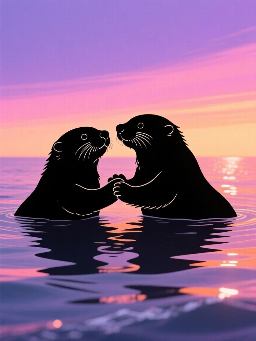 A sea otter floating on its back, holding hands with another otter to keep from drifting apart.