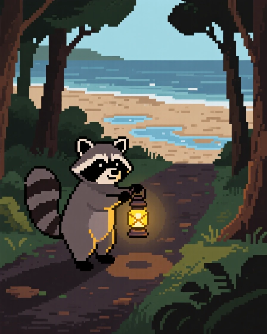 A curious raccoon holding a lantern on a dark forest path, on a quiet beach at low tide.