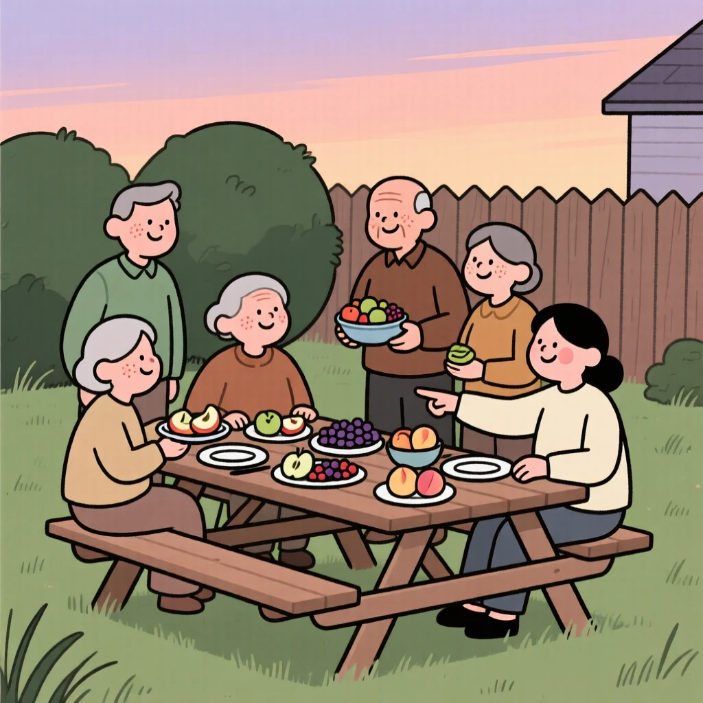 Neighbors gather for a potluck dinner in the backyard, sharing platters of fruit and conversation as the smell of fresh grass fills the warm evening air.