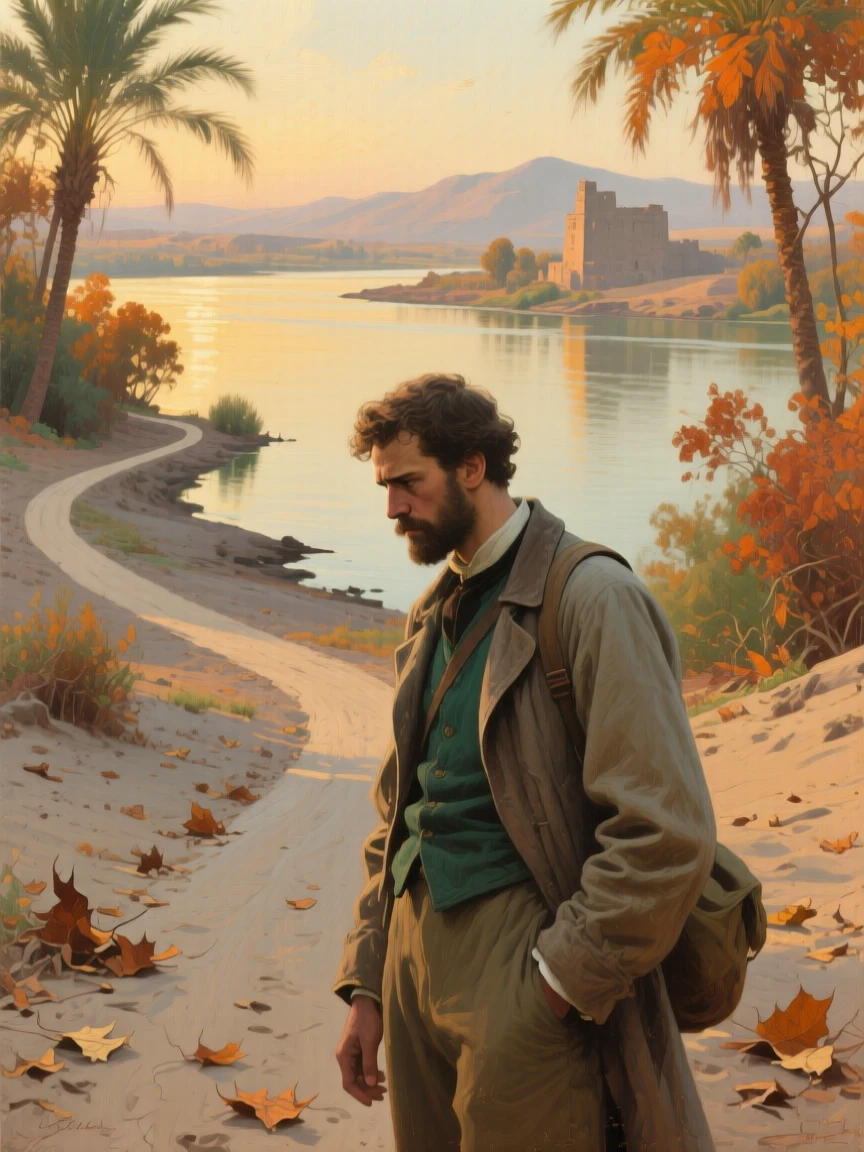 An intimate close-up of a traveler pausing at a crossroads, torn between two paths, in mid-autumn, along the Nile in Egypt.