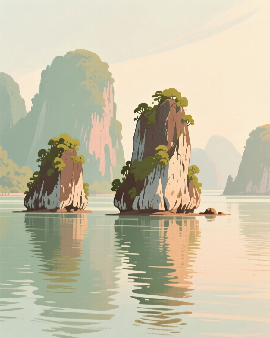 A view of Halong Bay's limestone islands rising from calm water