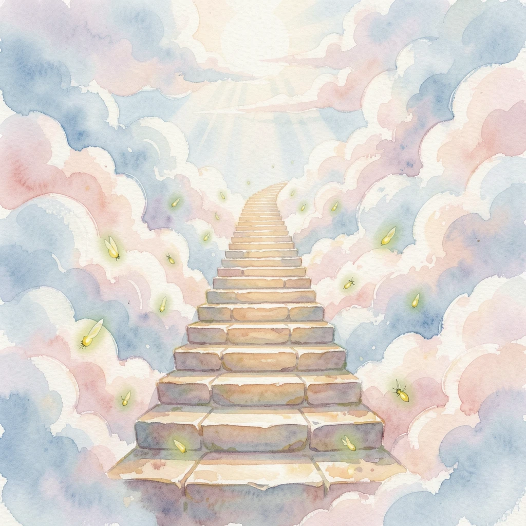 A celestial staircase leading up into the clouds with glowing fireflies drifting through the air.