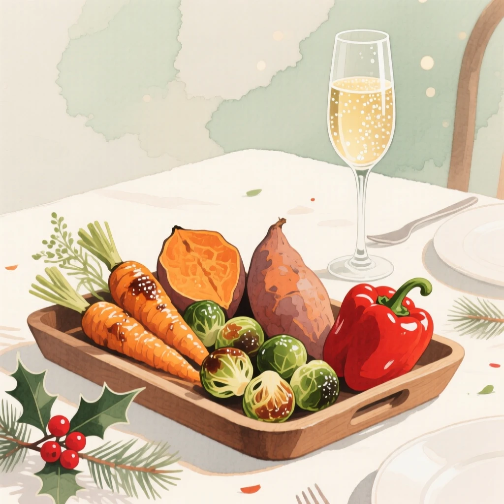A tray of roasted vegetables sits beside a glass of sparkling wine at a festive holiday table, arranged beautifully for a delightful meal