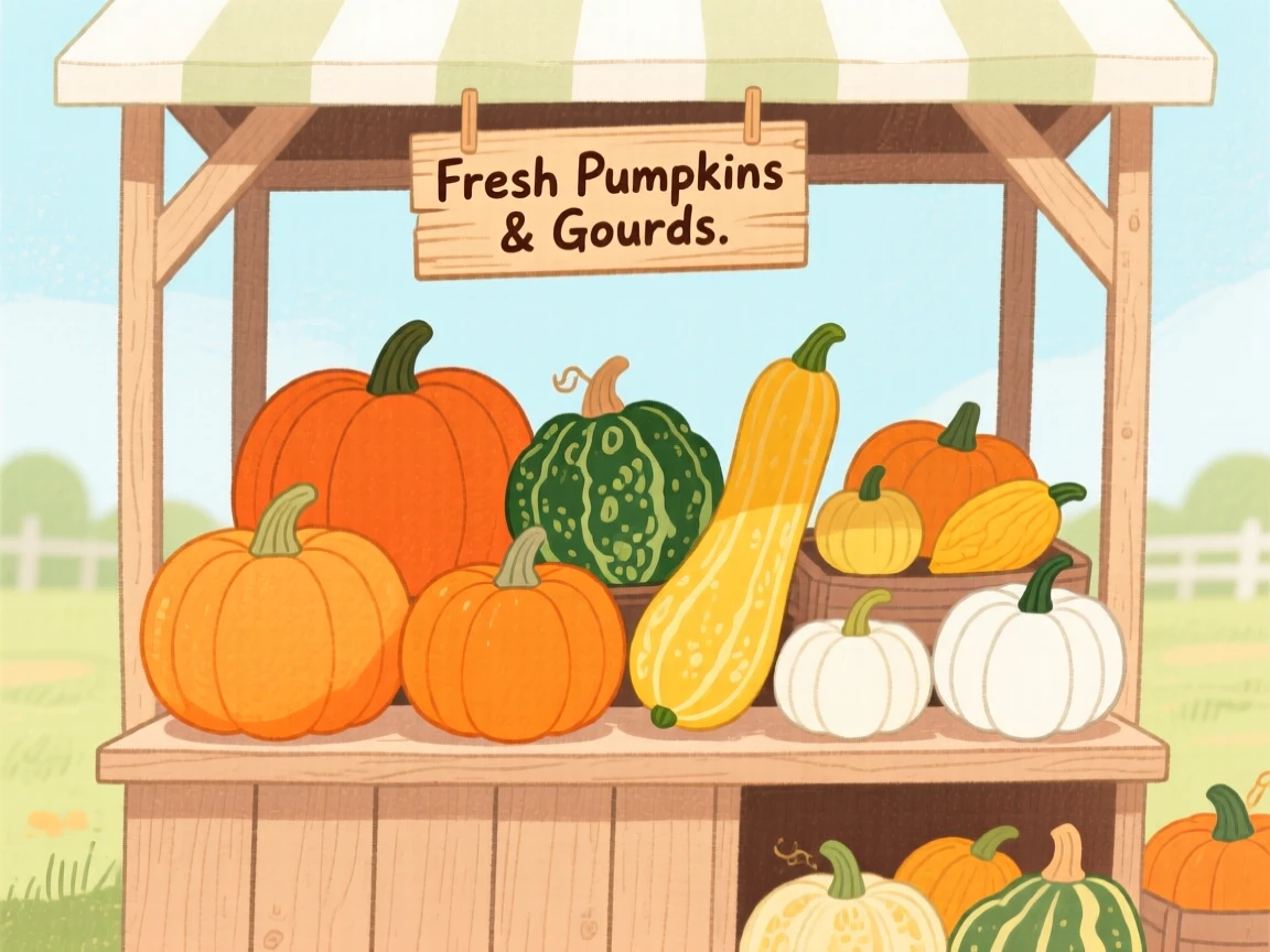 A stack of pumpkins and gourds at a farm stand, vivid and full of life.