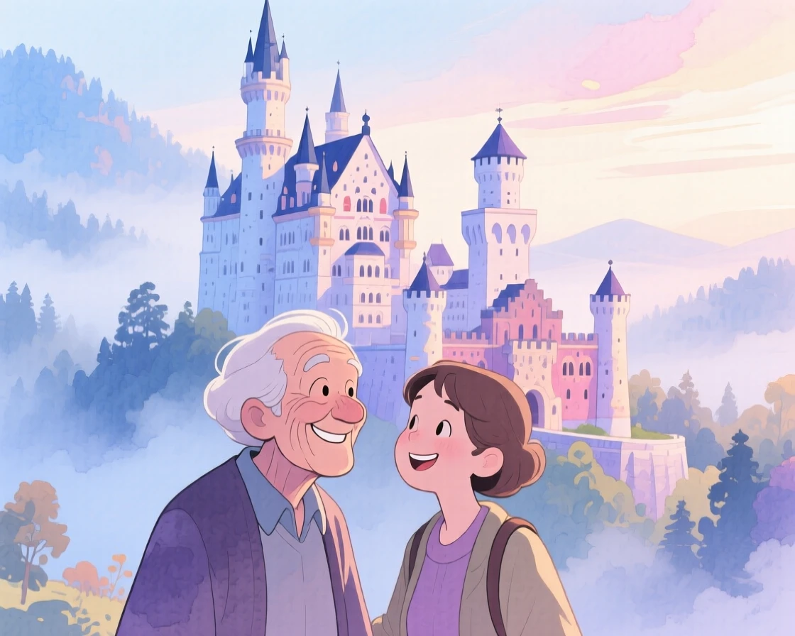 An elderly local shares a warm smile with a passerby amid the fairytale spires of Neuschwanstein Castle in the mist, filled with the romance of travel.