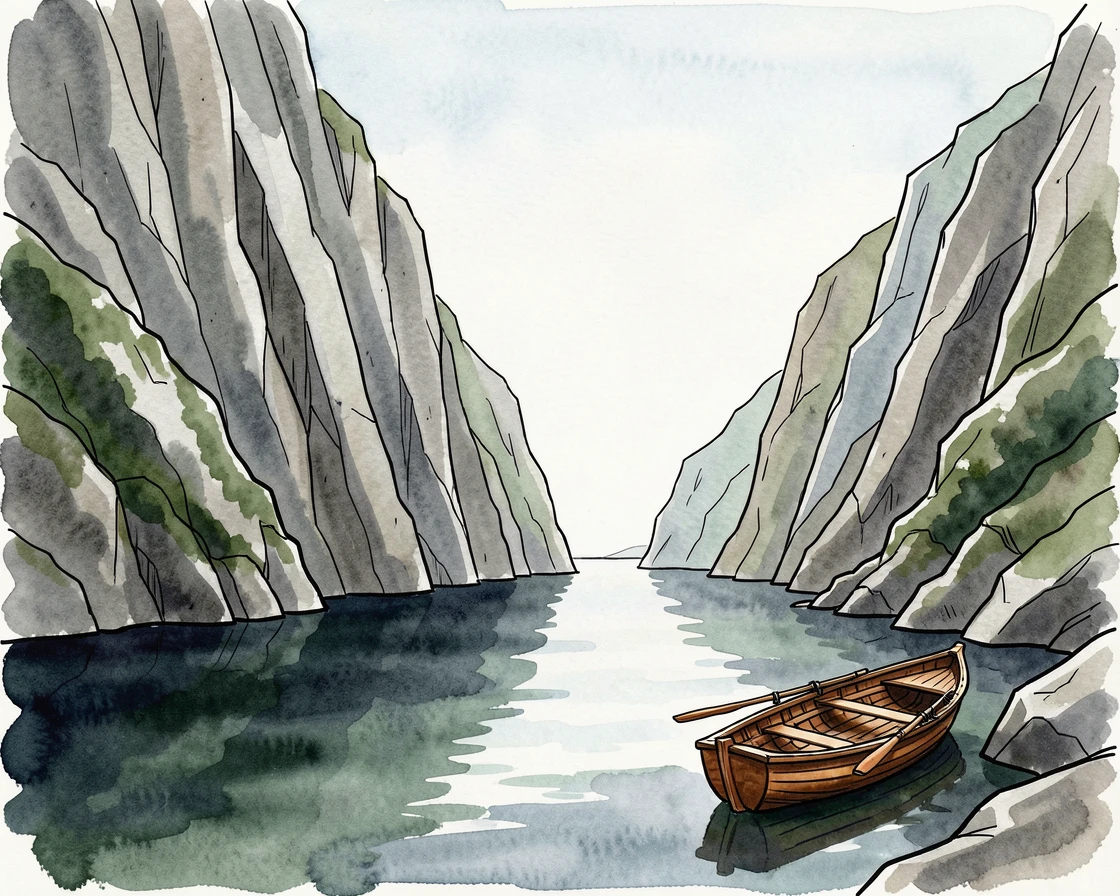 A rugged fjord with steep cliffs plunging into still dark water, a small boat drifting near the shore