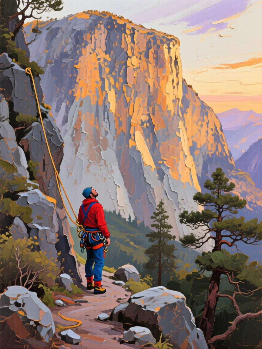 a climber pausing below an immense cliff, during a quiet late afternoon, composed along a natural leading line.