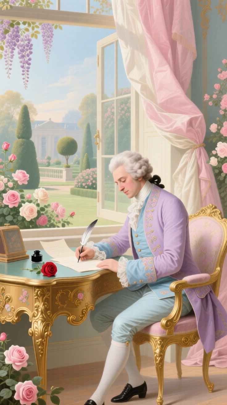 An elegant gentleman composing a letter at a desk overlooking a formal garden  