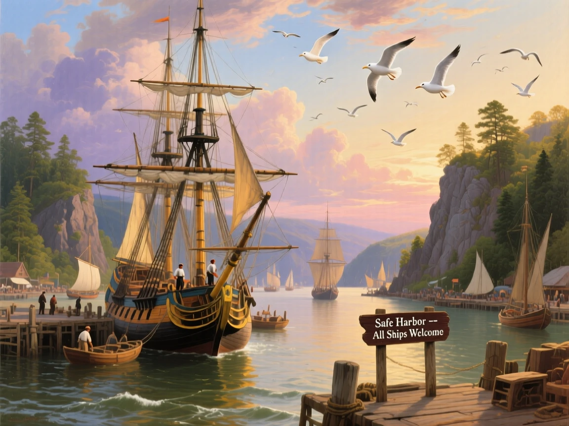 A whaling ship docks safely at a busy trade route as gulls circle overhead.