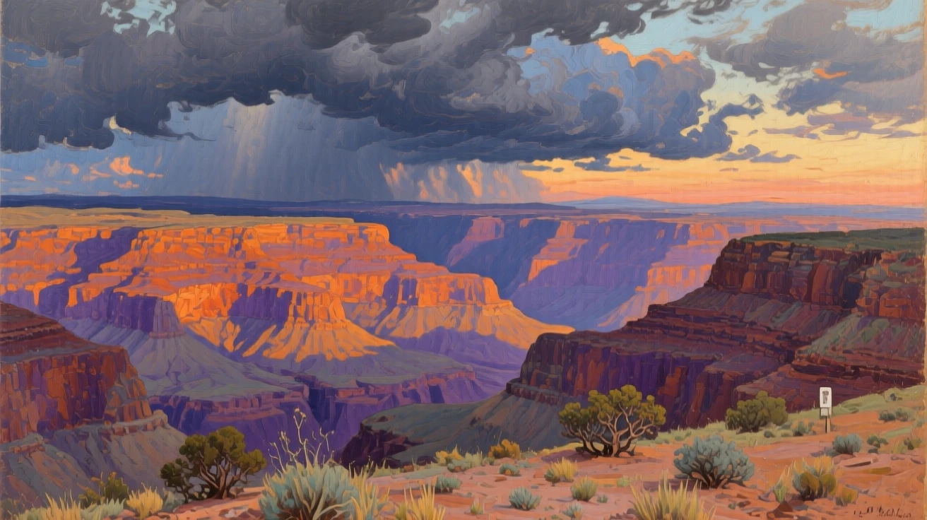 A vast canyon at sunset with layered rock walls glowing orange and purple, as storm clouds gather dramatically on the horizon, capturing the raw power and quiet majesty of untouched nature
