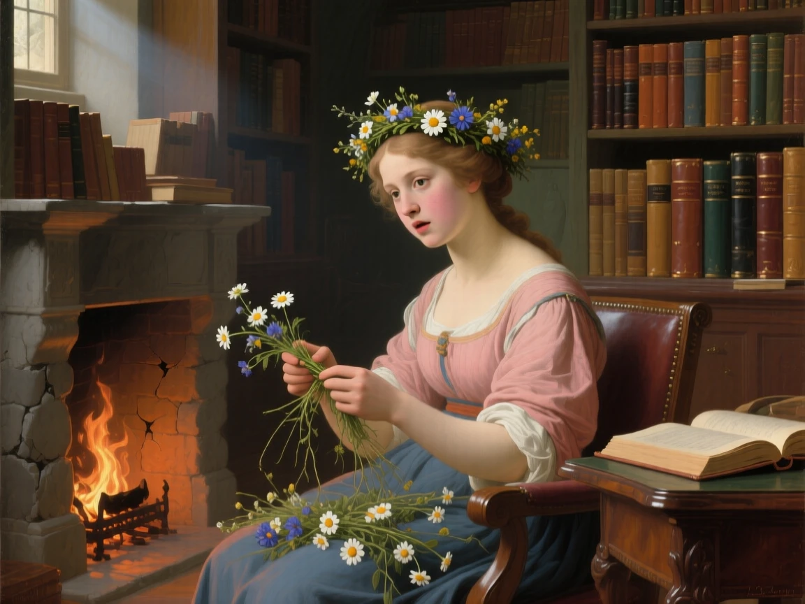 A shepherdess weaving a crown of wildflowers pausing as if interrupted by an unseen presence, set within a book-lined study warmed by a crackling fire, with a single shaft of light illuminating an expressive face; warm and cool tones contrast to separate figure from background, suggesting a private world just glimpsed by the viewer.