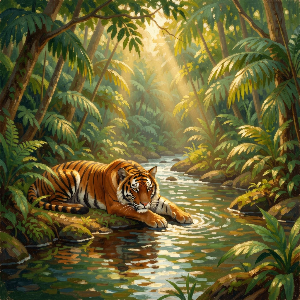 A tiger resting beside a jungle stream, dappled light filtering through dense green canopy.