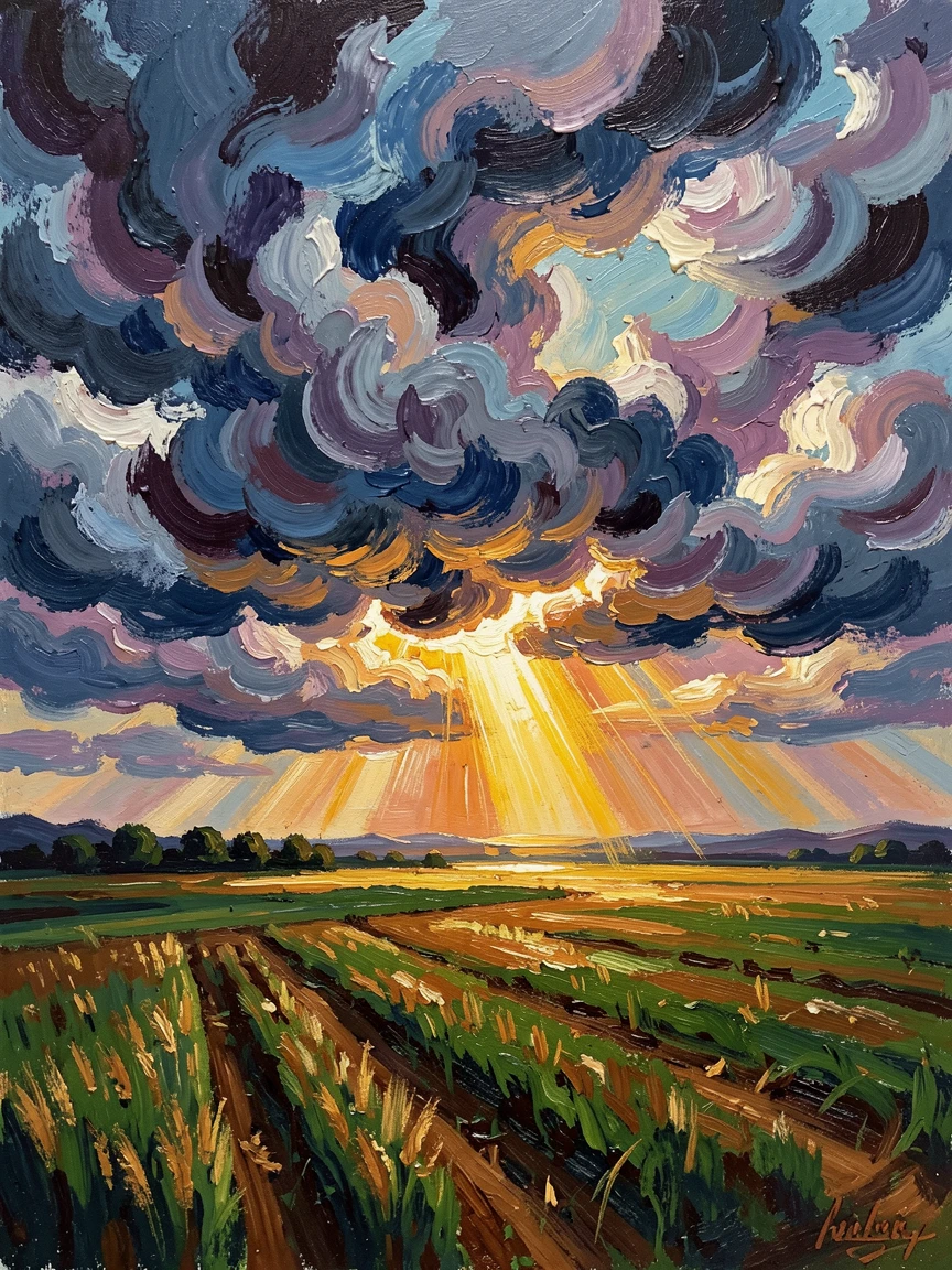 A dramatic thunderstorm rolling over open farmland, a shaft of sunlight breaking through the clouds.