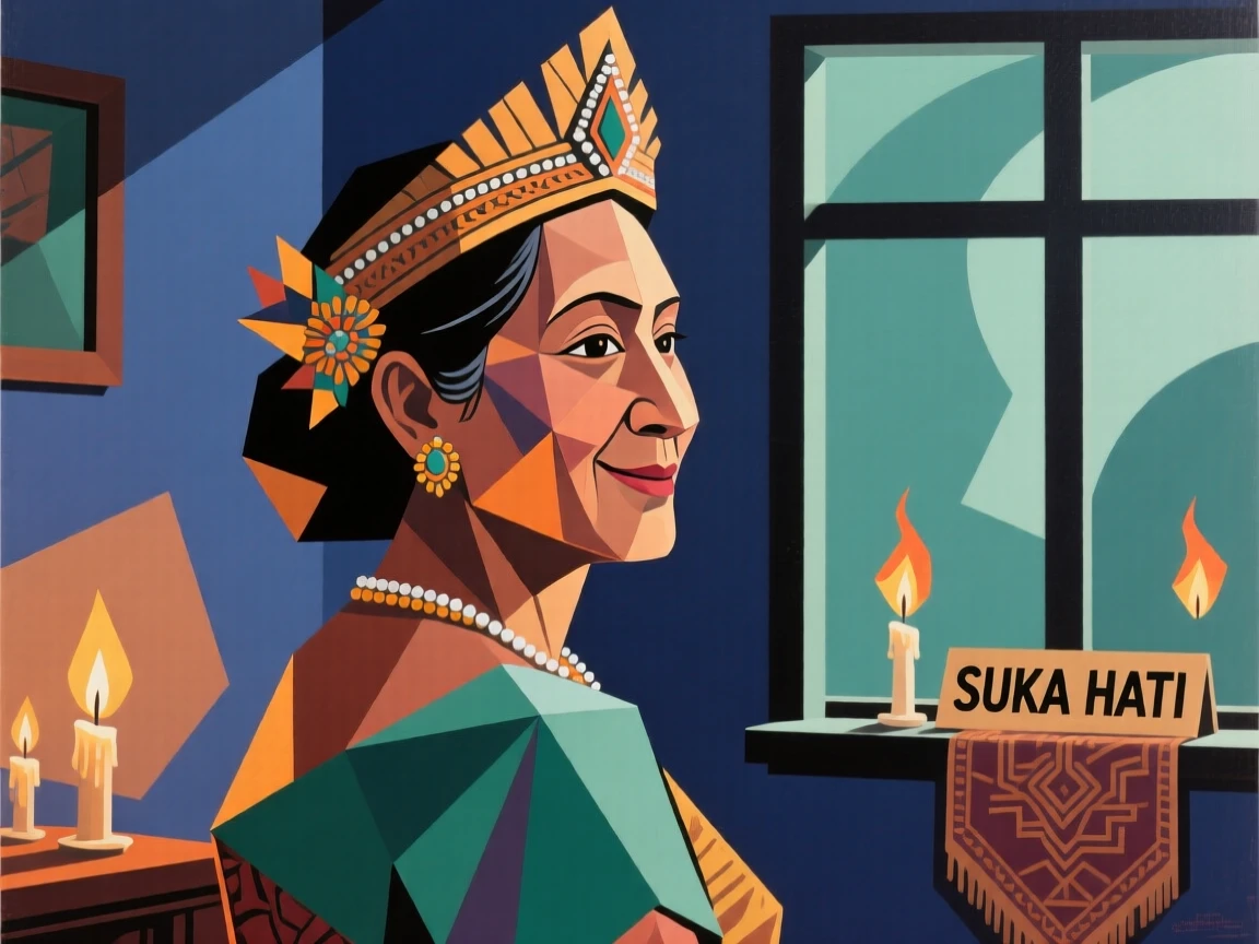 A candid medium shot of a middle-aged woman of Balinese heritage looking back over their shoulder with a soft smile, inside a cozy candlelit room.