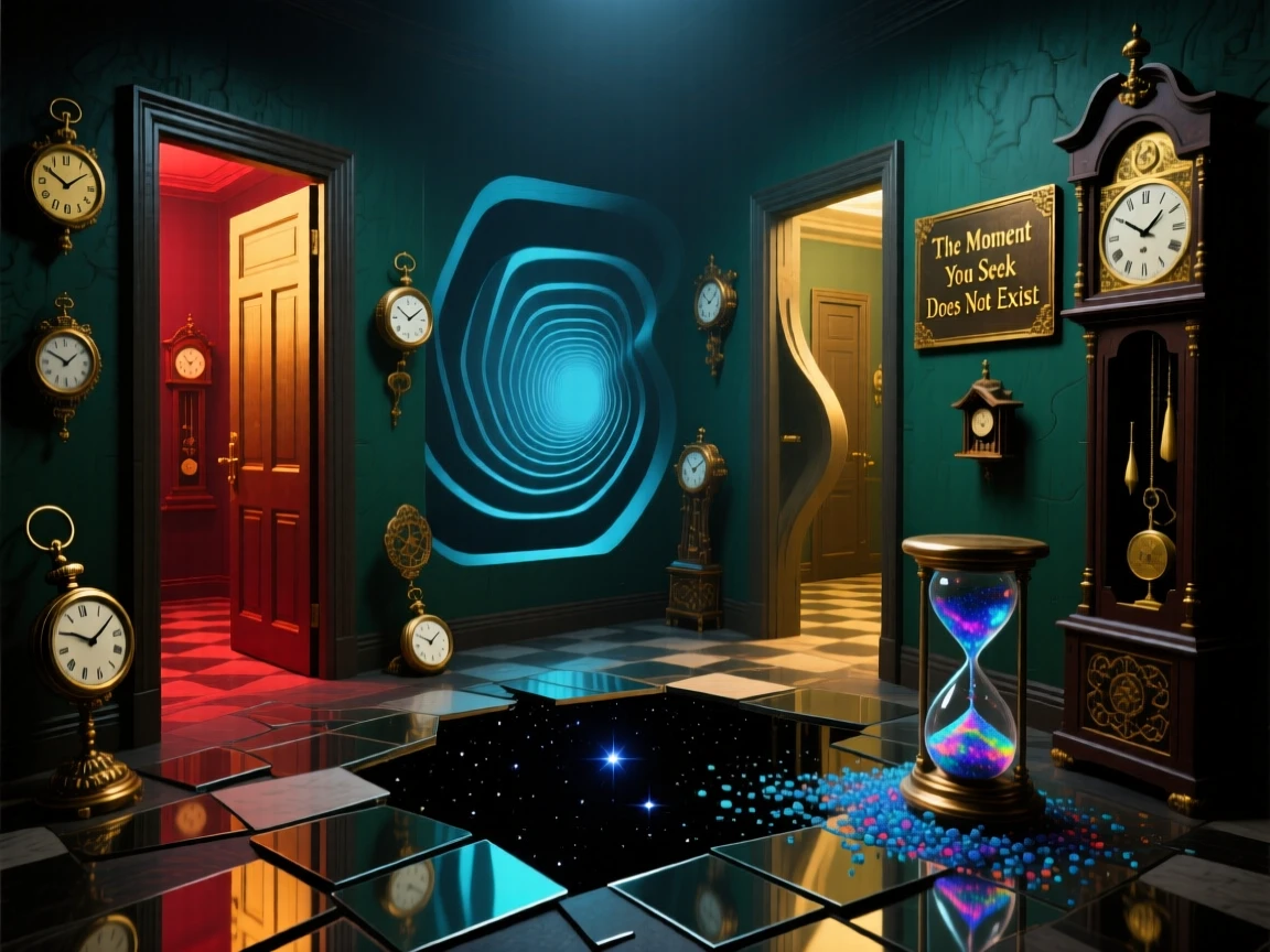 A room where every doorway leads back into the same room repeats itself endlessly in every direction, as every clock within view shows a different, ticking hour.