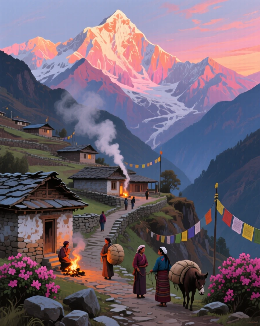 The Annapurna range glows alpenglow pink at dusk, a Nepali village of stone-roofed houses terraced into the hillside, smoke rising from kitchen fires as villagers return home along a mountain trail.