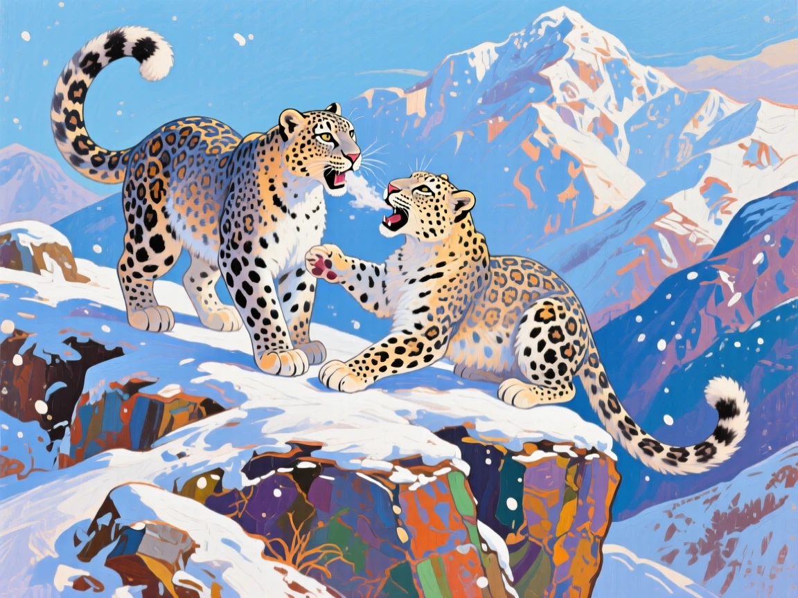 A pair of snow leopards playing on a rocky Himalayan ledge, breath visible in the cold mountain air