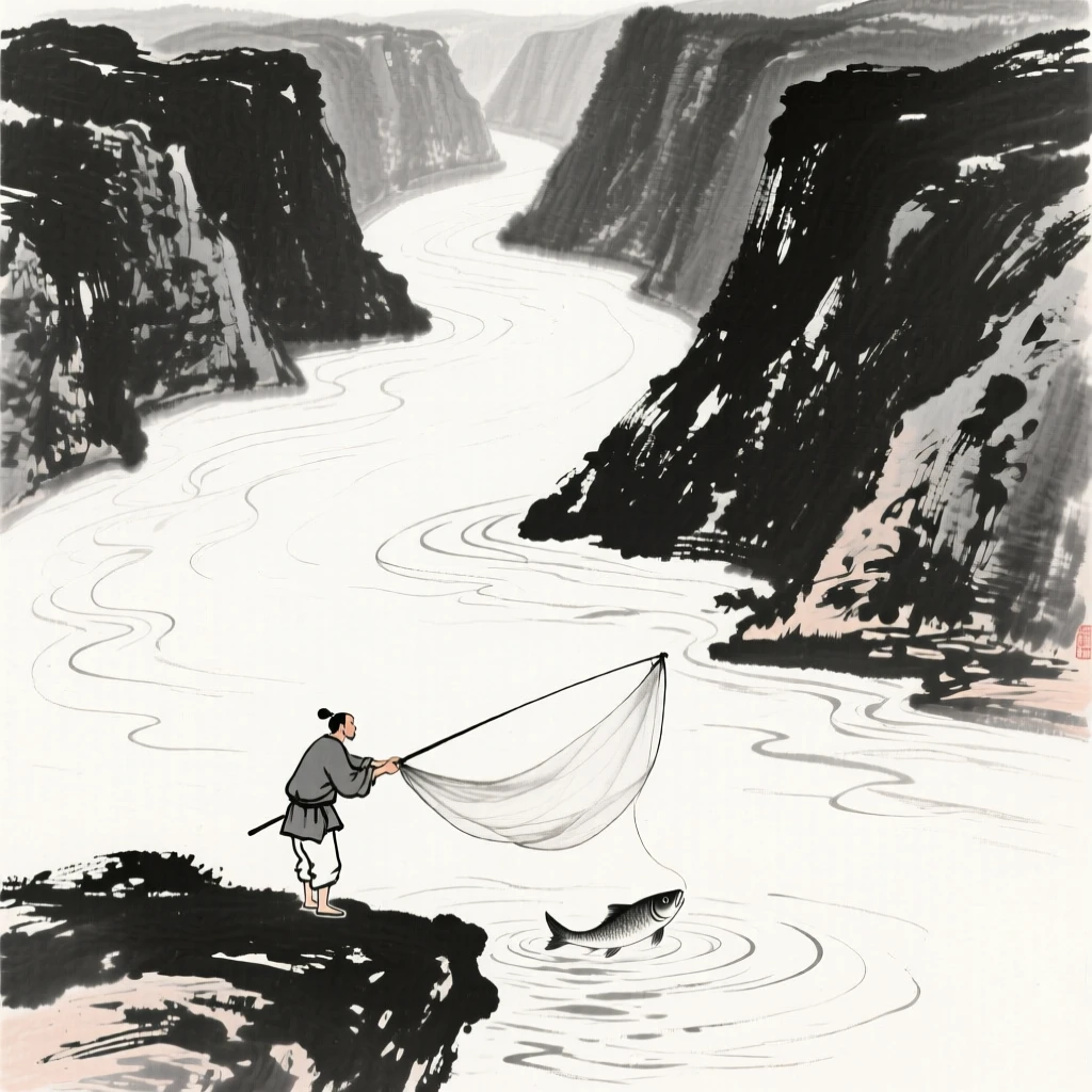 a wide river bending through a gorge, with a fisherman casting a net from the shore.