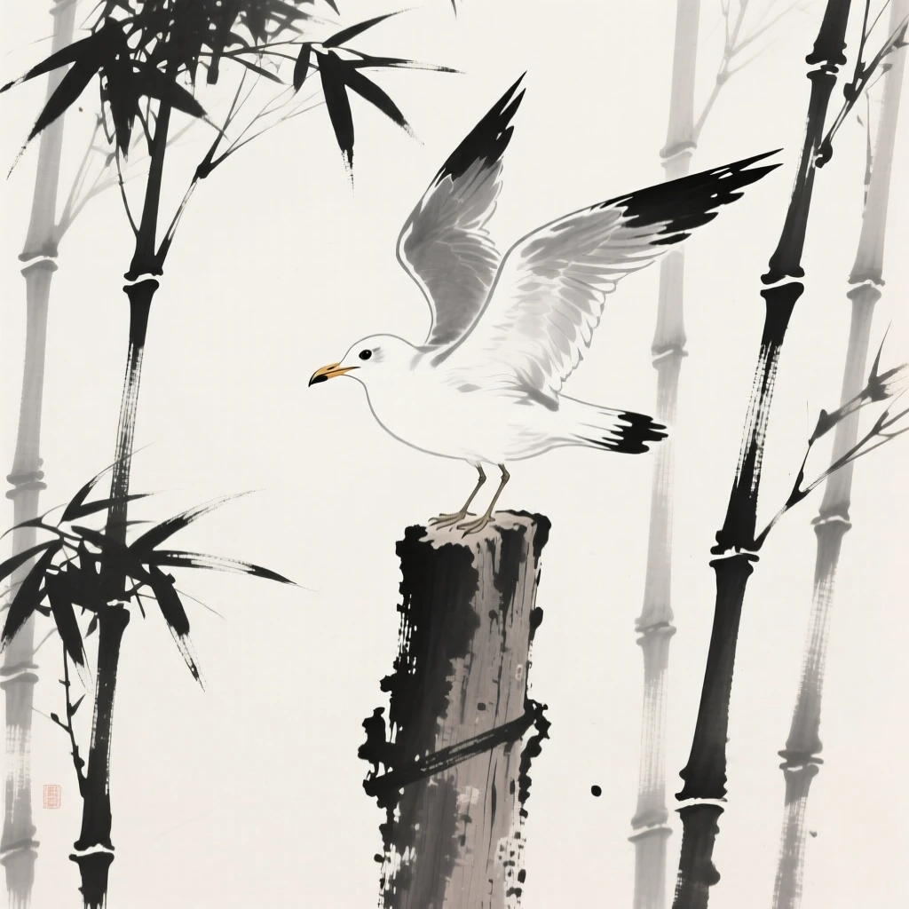 A lone gull resting on a weathered wooden post within a quiet bamboo grove, captured mid-motion with wings outstretched, capturing a fleeting moment of natural beauty.