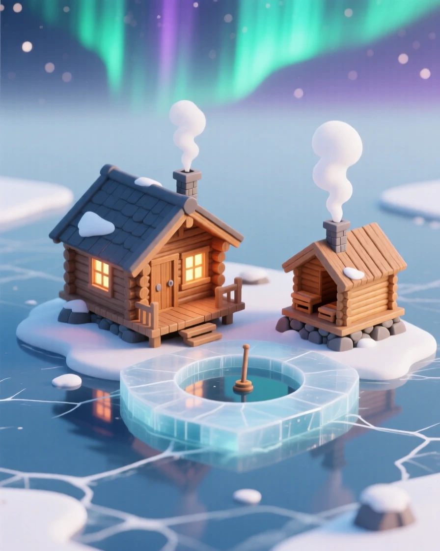 A cozy Scandinavian cabin by a frozen lake, with an ice-fishing hole nearby, a sauna building with steam rising from its chimney, and northern lights glowing faintly overhead.