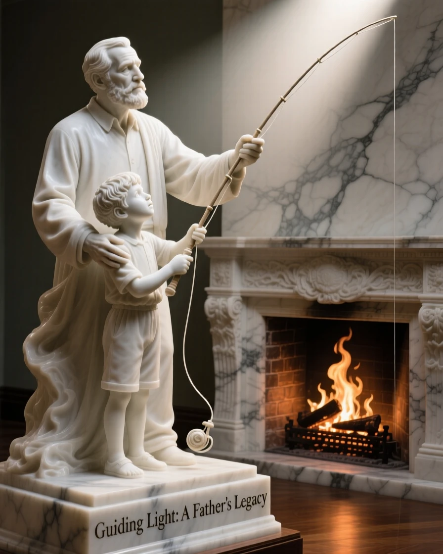 A close-up portrait of a father teaching his son to fish, reaching upward toward the light, beside a crackling fireplace, radiating quiet emotion and dignity