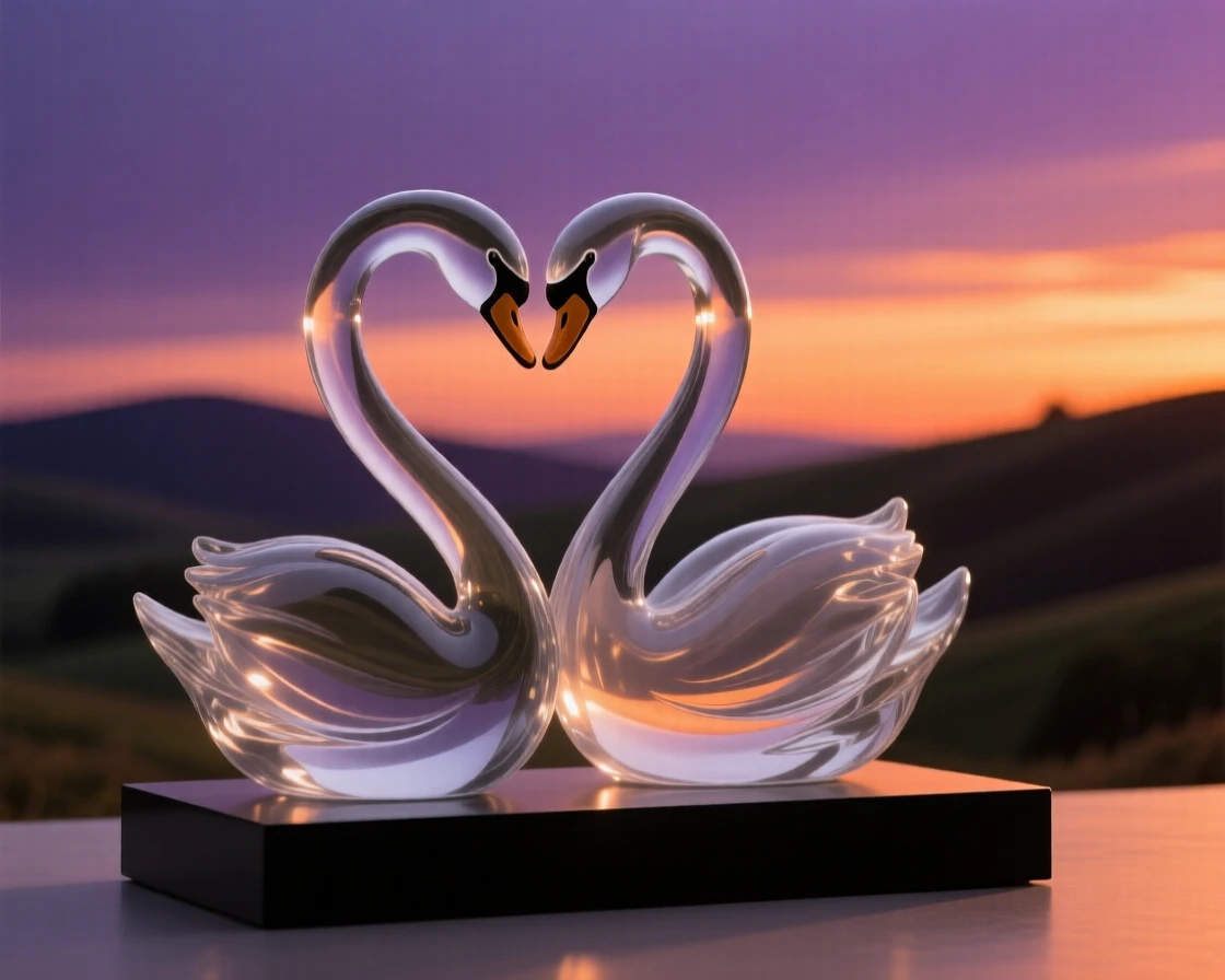 A pair of swans silhouetted against a dramatic sunset sky over rolling hills, warm orange and purple tones creating a serene, cinematic mood.