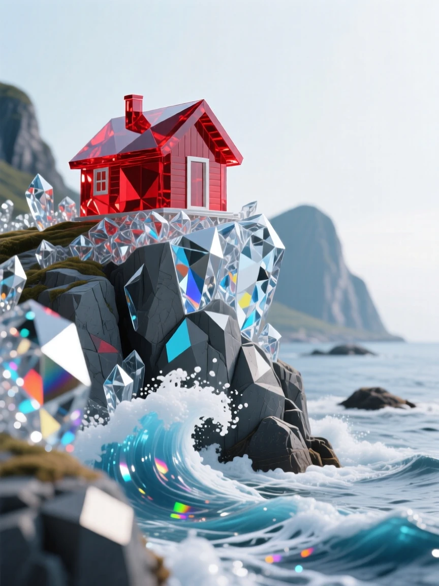 A rugged fjord coastline with a single red cabin perched above crashing waves.