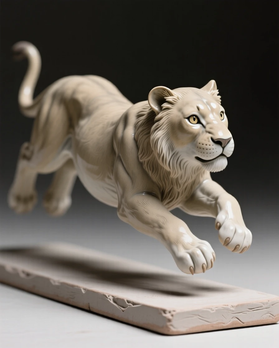 A resting lioness caught in a playful leap, its eyes wide with gentle curiosity, evoking a quiet sense of wild dignity.