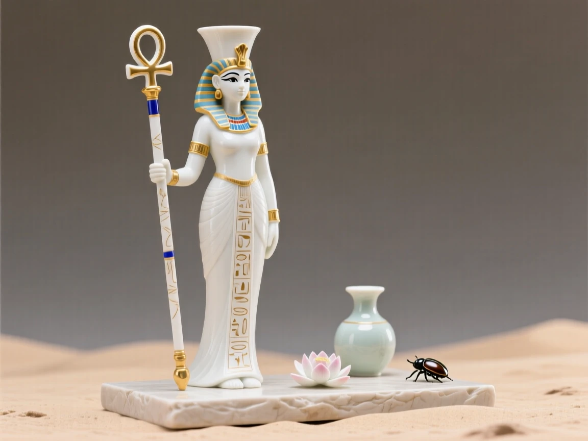 A regal Egyptian queen holding a ceremonial staff of office, surrounded by the trappings of a bygone era.