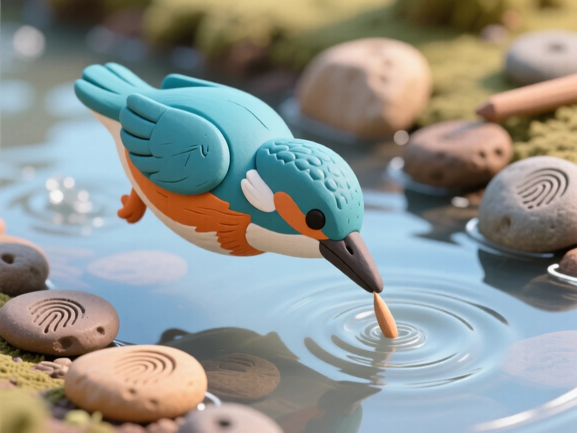 A kingfisher diving toward a glassy stream, wings tucked tight