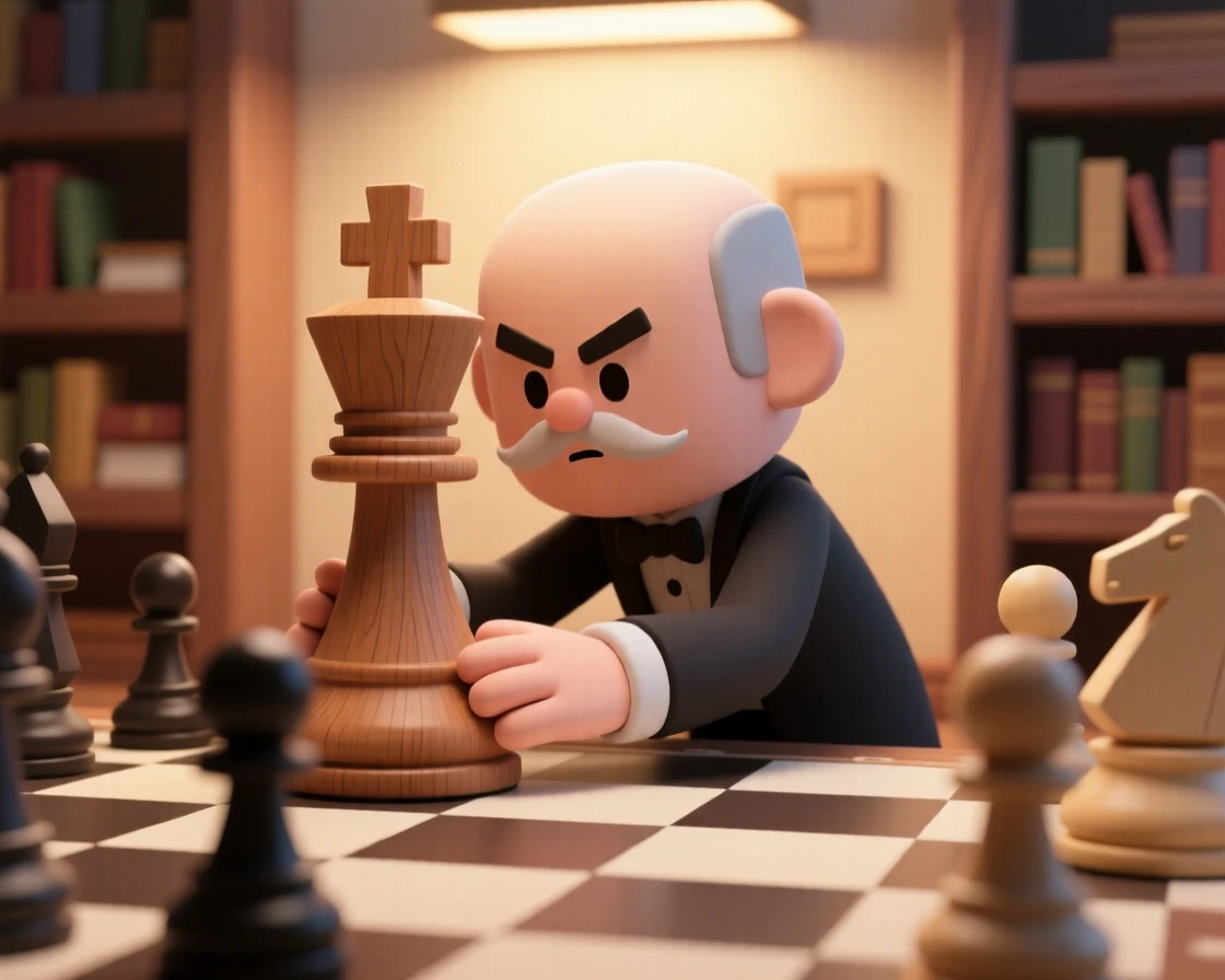 A determined chess grandmaster studies the board intensely, fingers resting on a carved wooden king piece under warm library light.