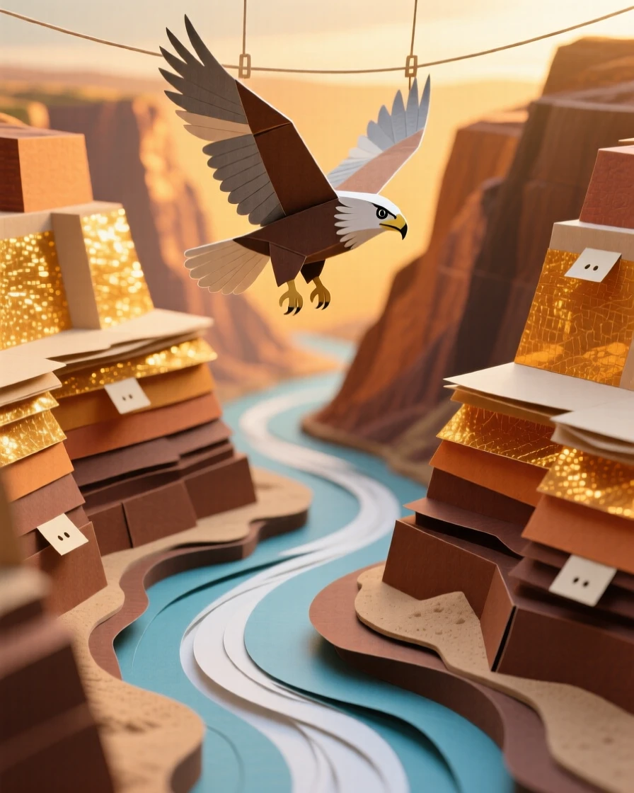A dramatic canyon carved by a winding river, layered sandstone walls glowing amber in late sunlight, a hawk soaring high above, conveying the slow power of erosion and time.