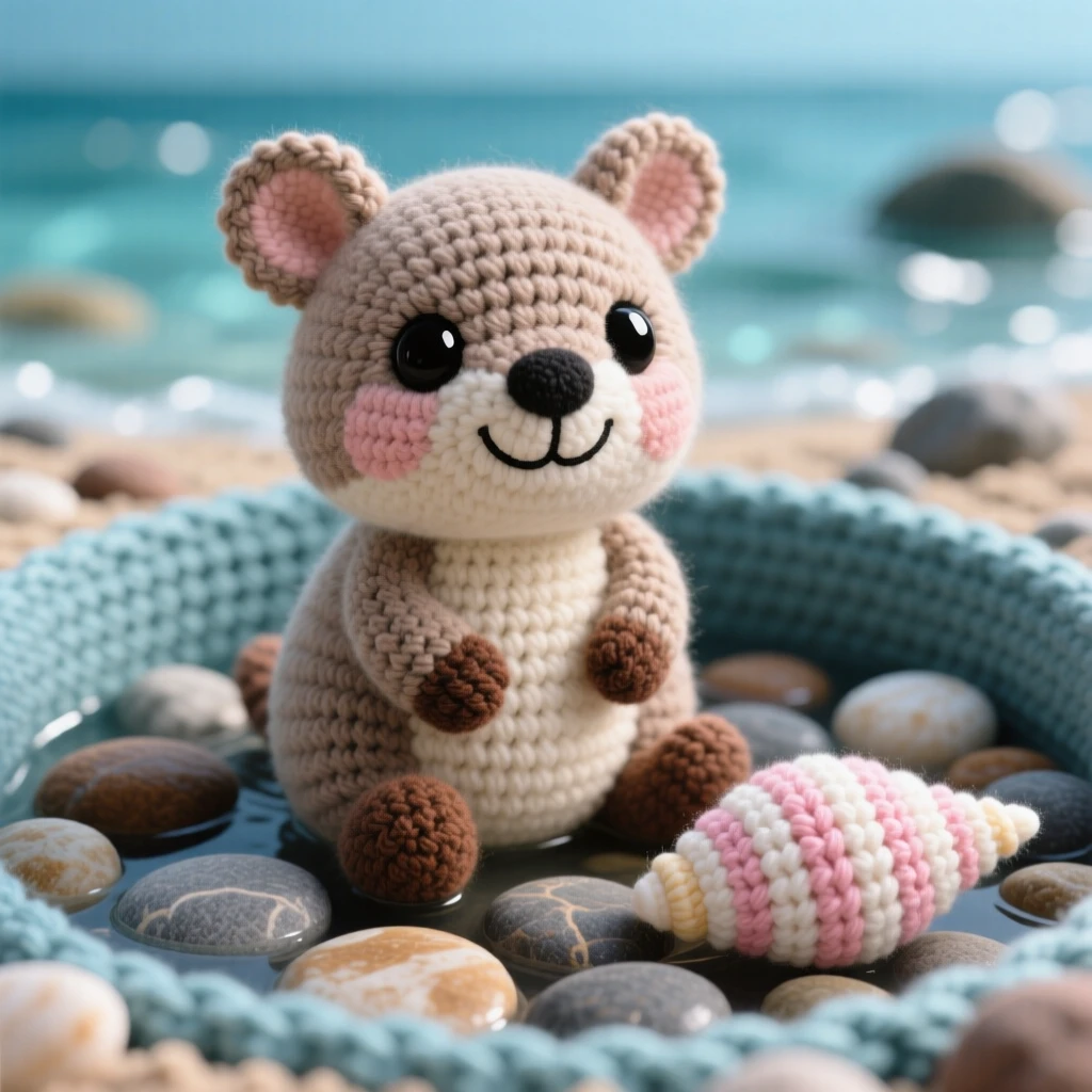 A heartwarming close-up of a tiny quokka, with a round face and a permanent smile, sitting upright as if posing for a photo in a tide pool filled with smooth pebbles; a smooth striped seashell close by completes the scene, radiating wide-eyed wonder at the world around it.