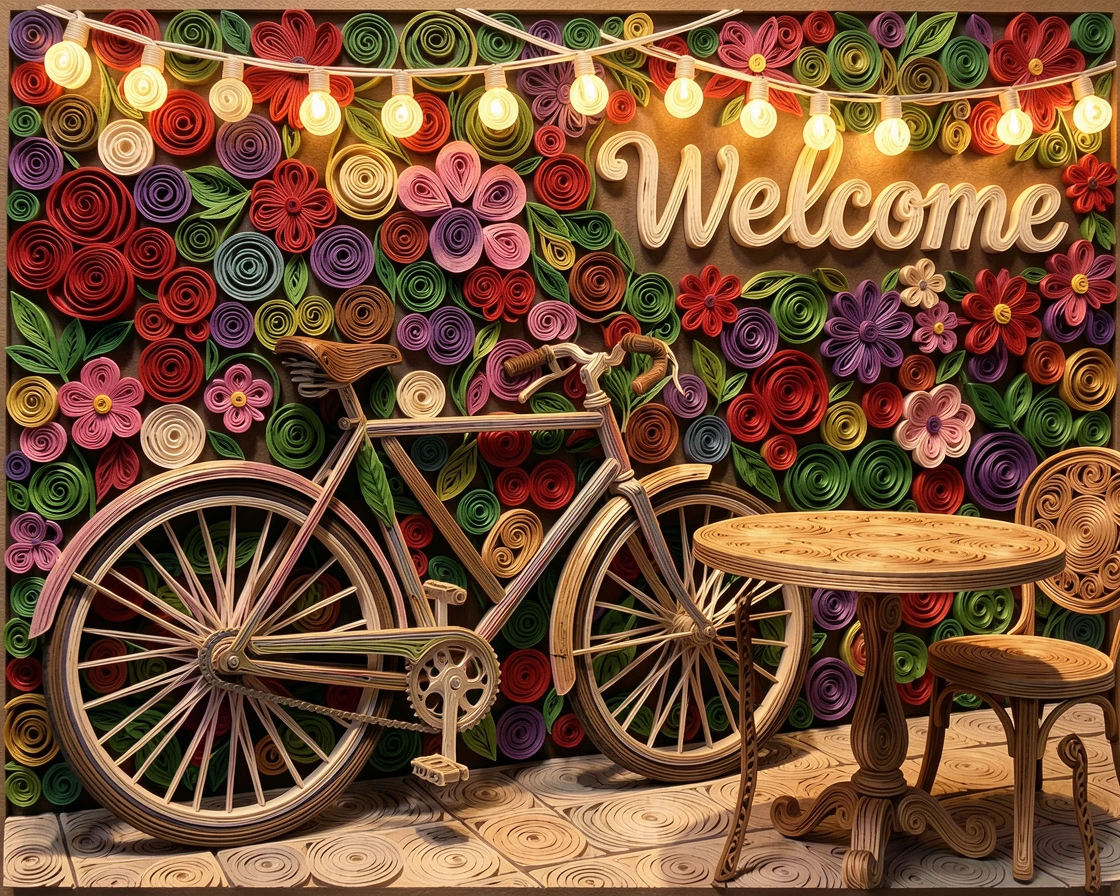 a bicycle leaning against a flower-covered wall, at an outdoor café table with string lights above, composed with warm, inviting close-up framing, with soft golden light highlighting every texture.