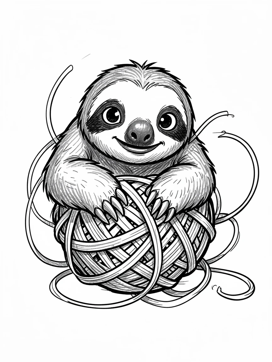 A baby sloth tangled in a ball of yarn.
