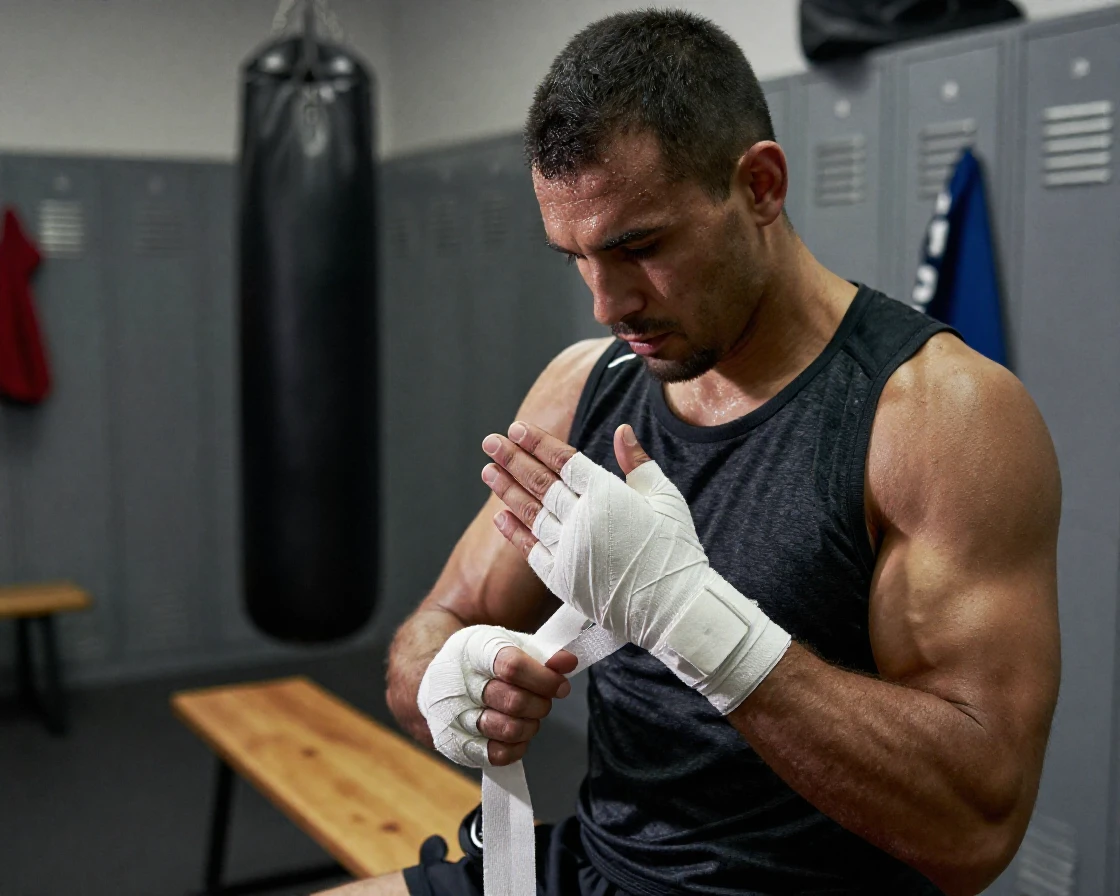 A boxer wrapping his hands before a match
