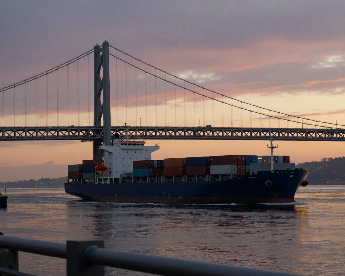 A cargo ship glides slowly beneath a massive suspension bridge at dusk.