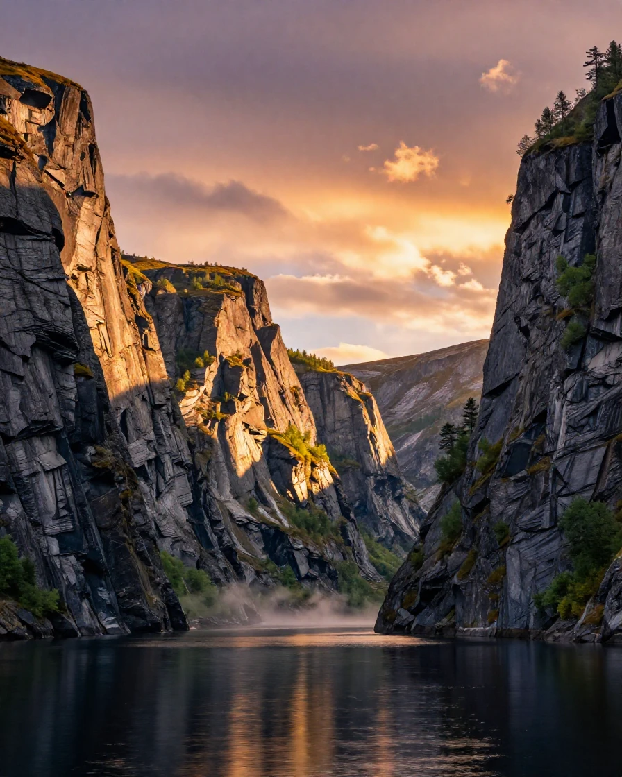 A dramatic fjord carved between towering cliffs in the golden light before sunset