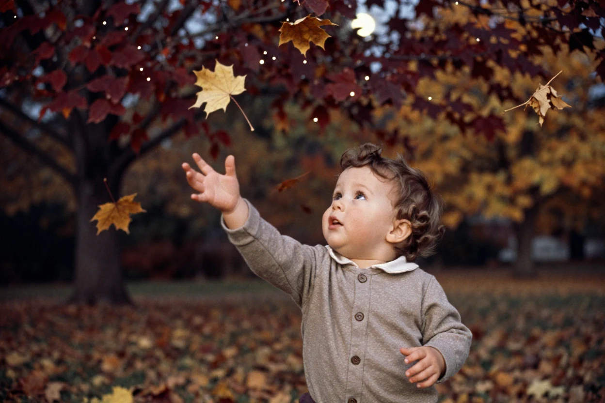 A curious toddler reaching up toward falling autumn leaves, under a canopy of stars, in crisp, dry air, in the mild days of early autumn, with rich burgundy and gold accents, from a three-quarter angle.
