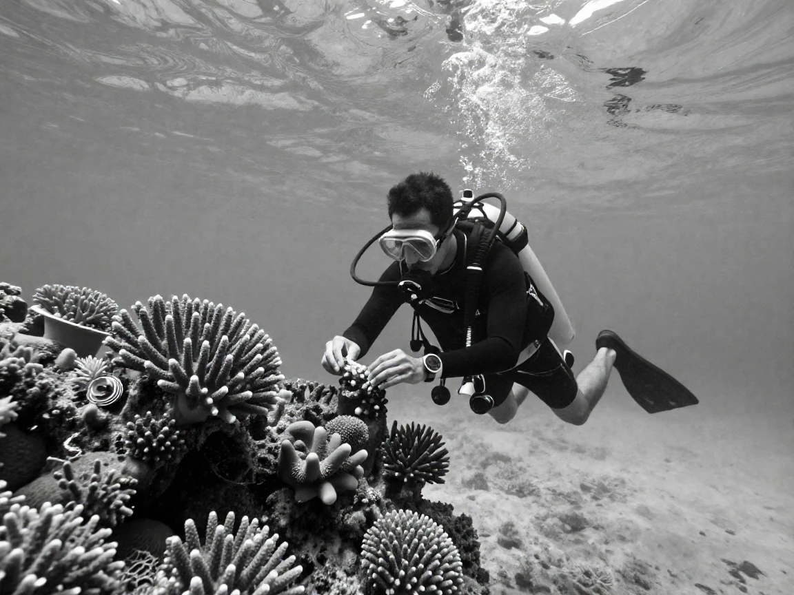 A diver collects samples from a coral nursery in a shallow protected lagoon.