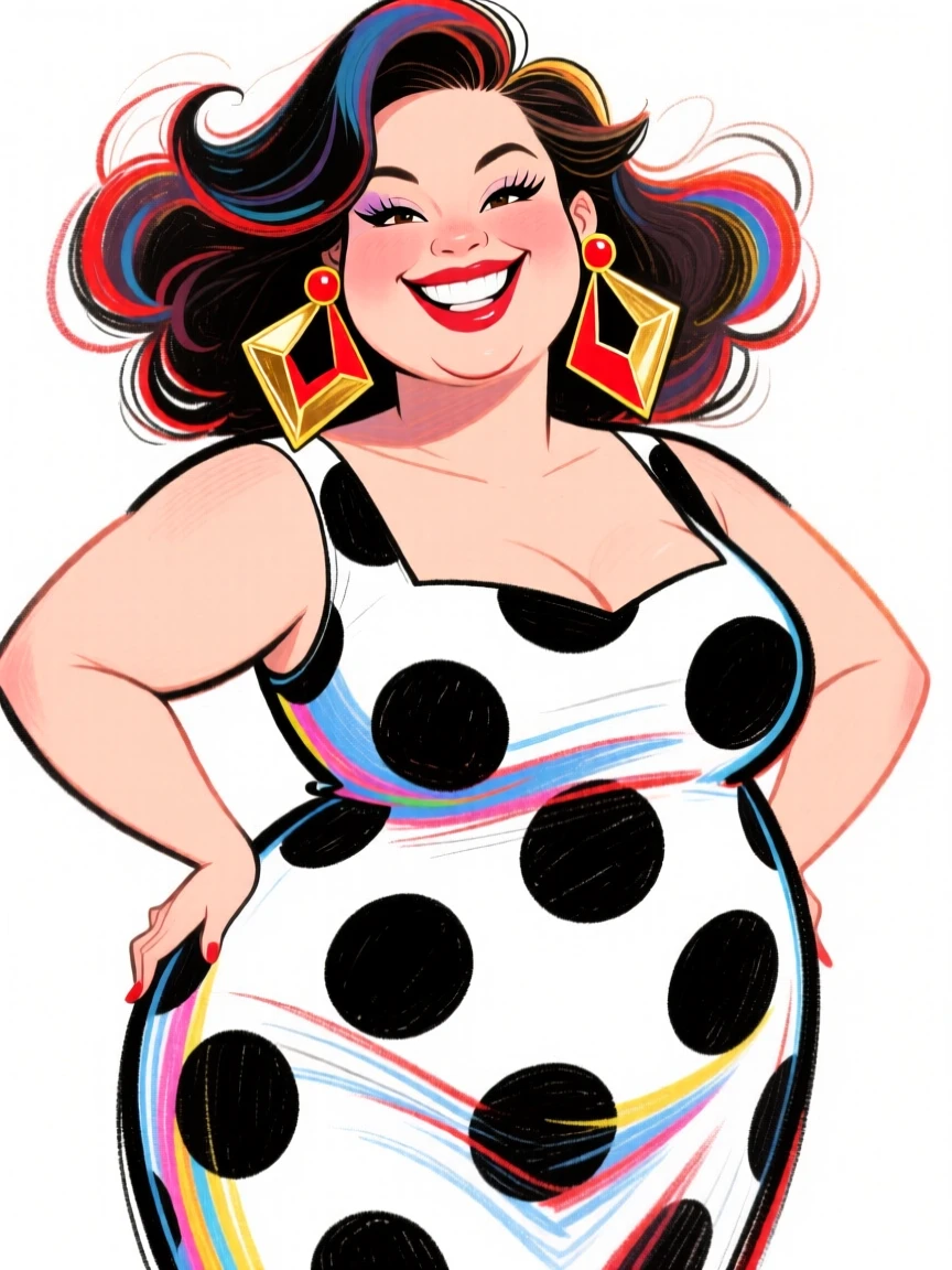 A curvy fashionista posing confidently in a bold polka-dot dress and oversized statement earrings.