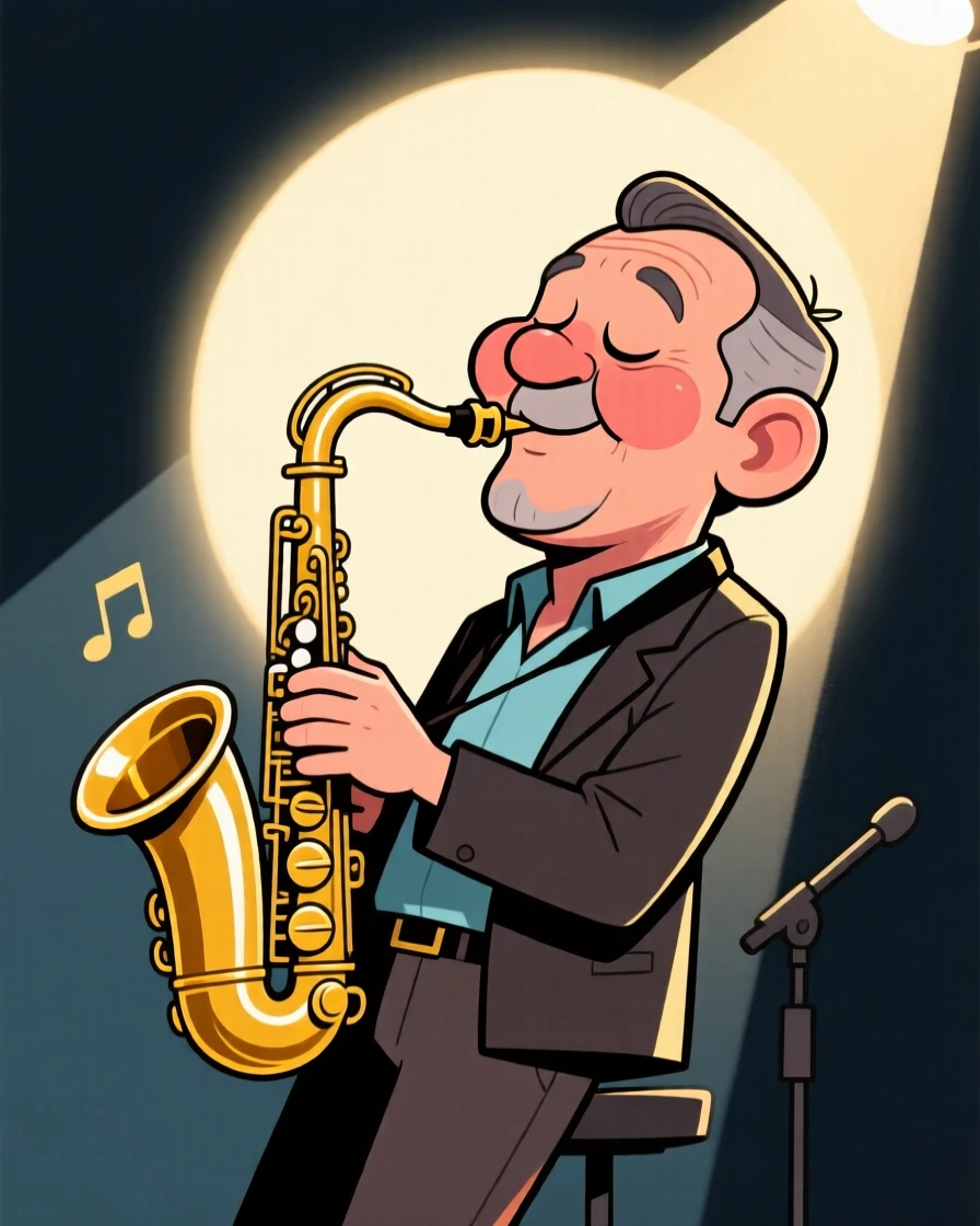 A memorable character portrait of a jazz saxophonist leaning back with cheeks puffed out, eyes closed in pure bliss, spotlight glowing behind him.